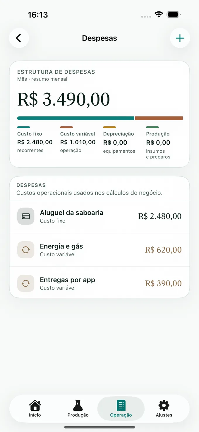 Tela de despesas e custos