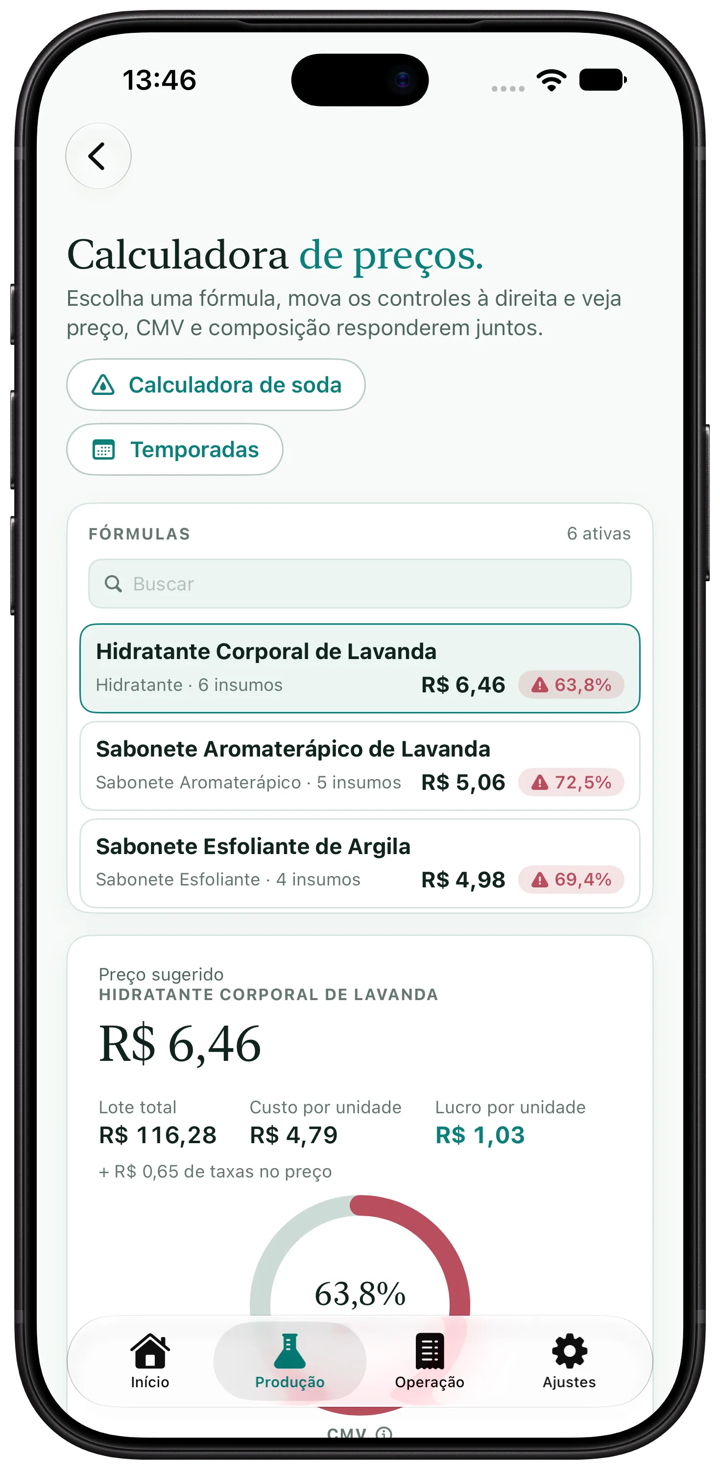 Calculadora de preços do Artisan View, com custo por unidade, preço sugerido, lucro e margem