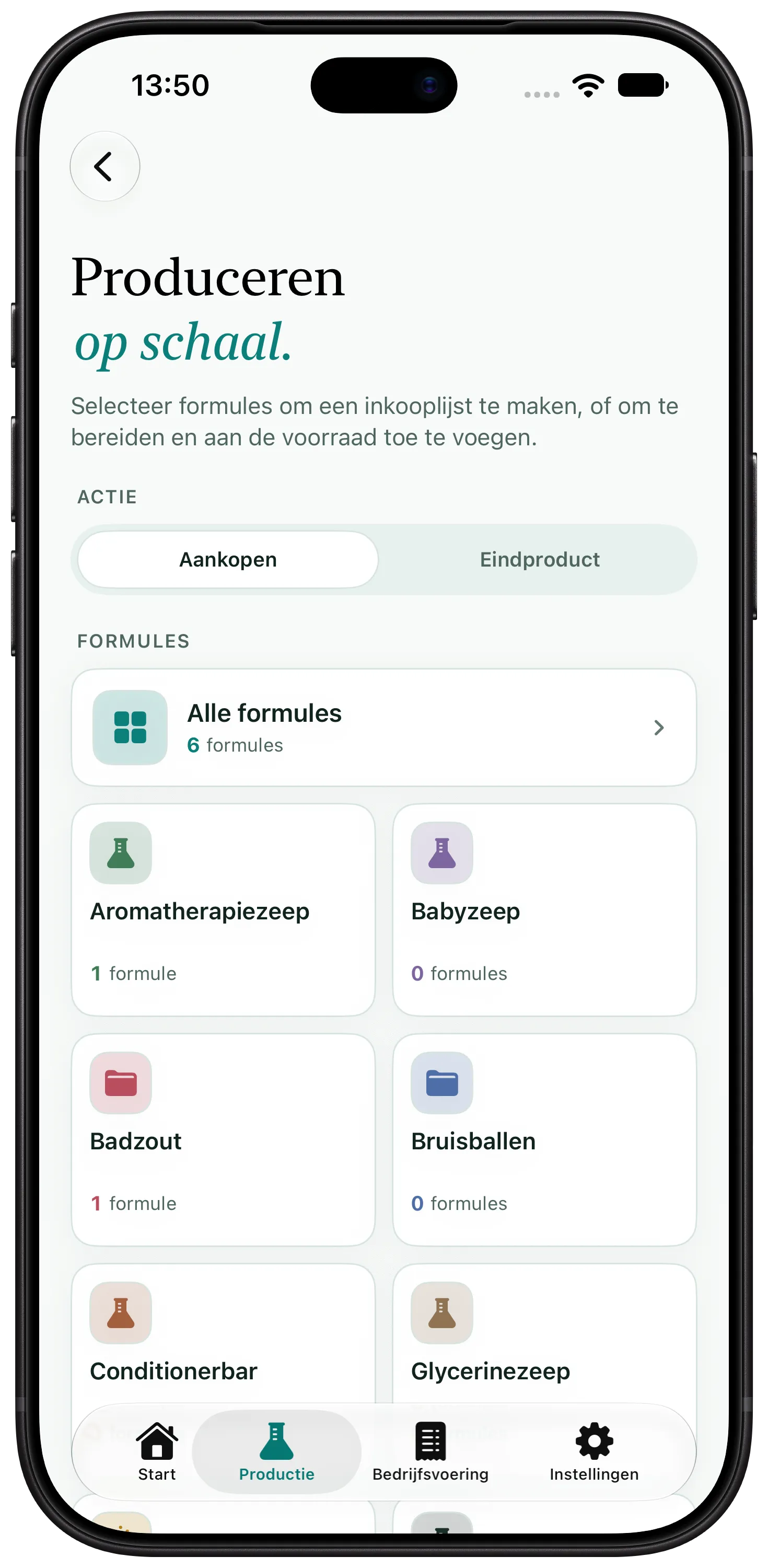 Scherm van Artisan View met batchproductie en batchregistratie van cosmetica