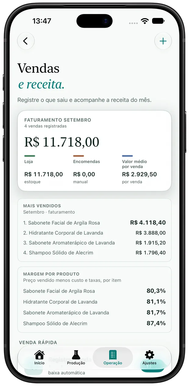 Tela de vendas do Artisan View, com faturamento do mês, venda rápida e histórico