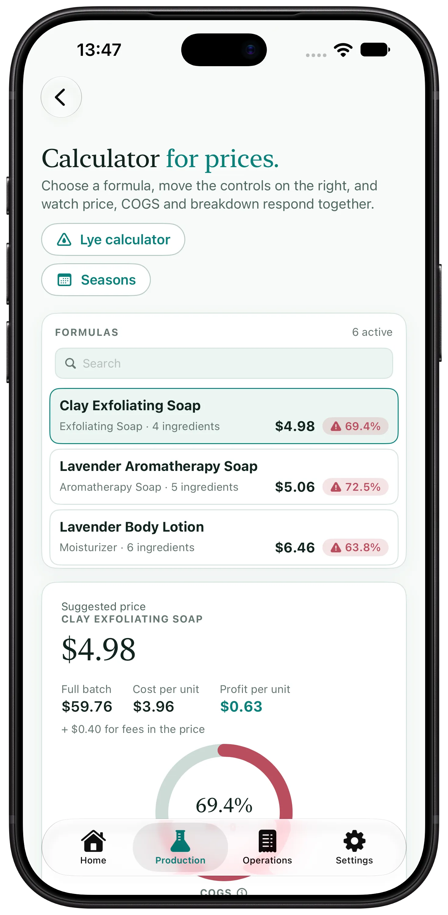 Artisan View pricing calculator showing cost per unit, suggested price, profit, and margin