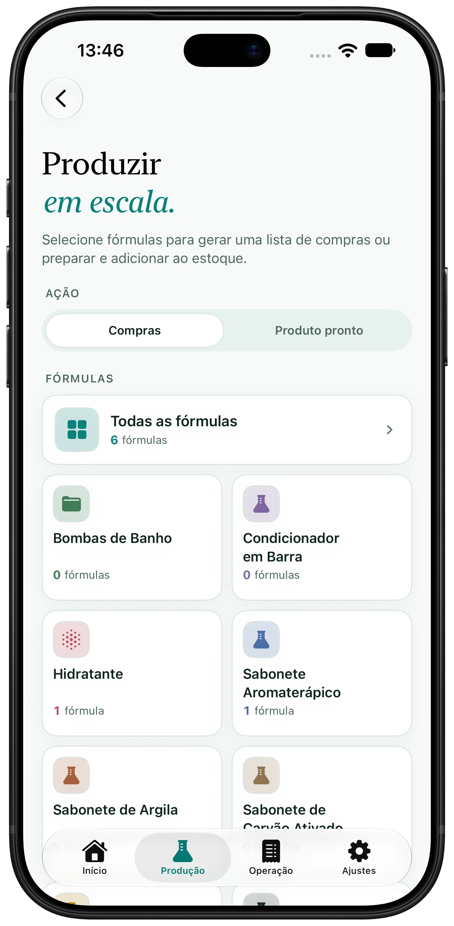 Tela do Artisan View com produção e controle de lotes de cosméticos