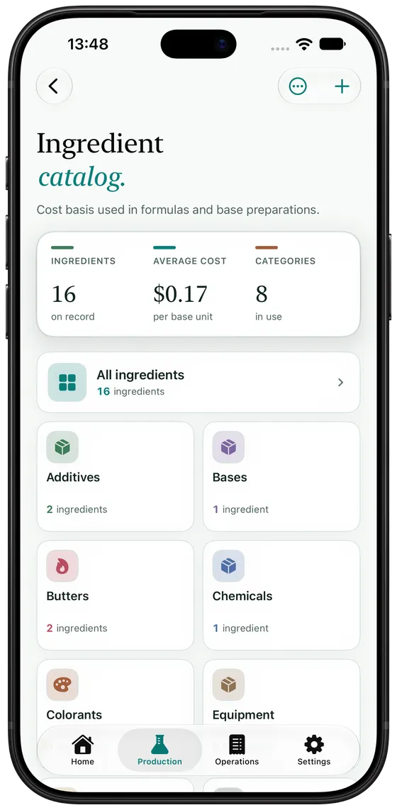 Artisan View ingredient catalog showing average cost per base unit