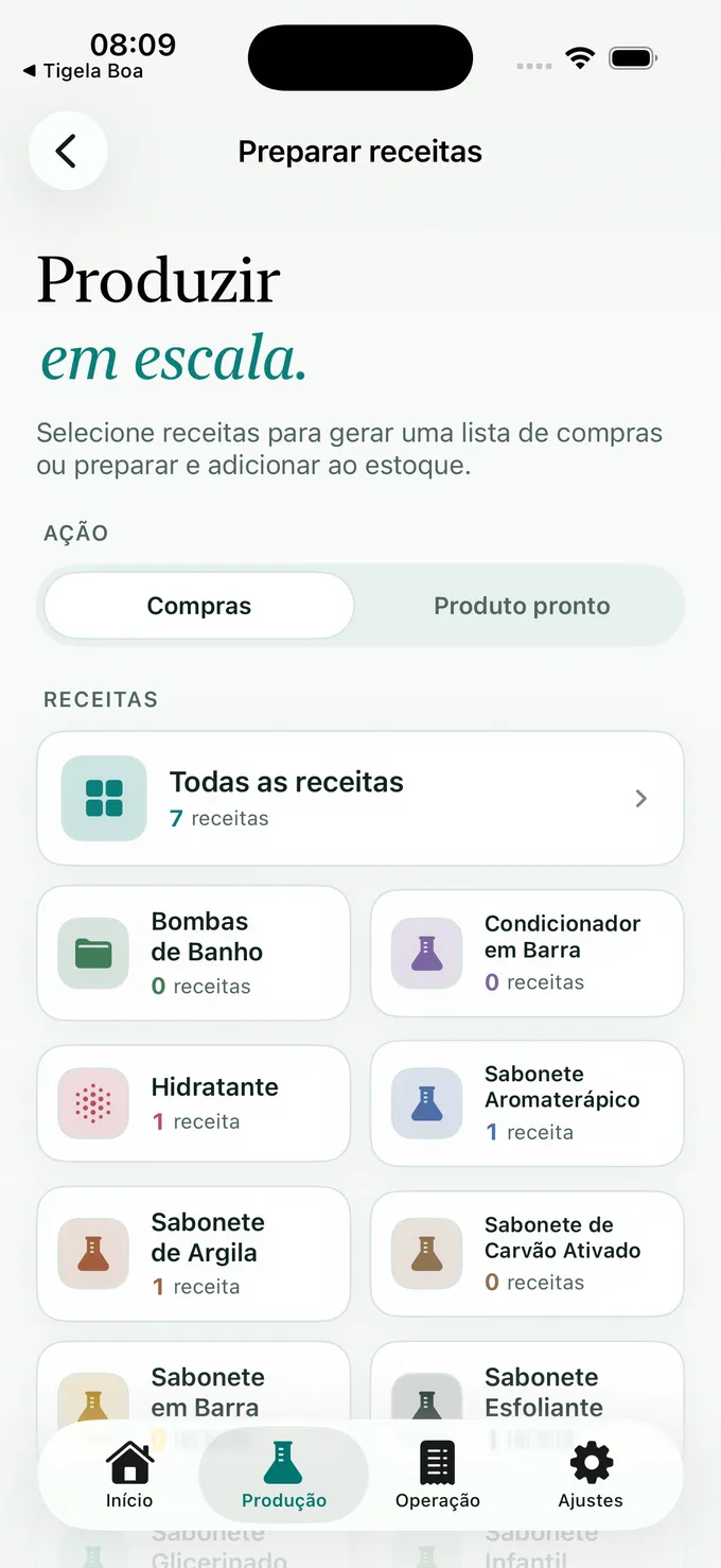 Tela de fórmulas e receitas