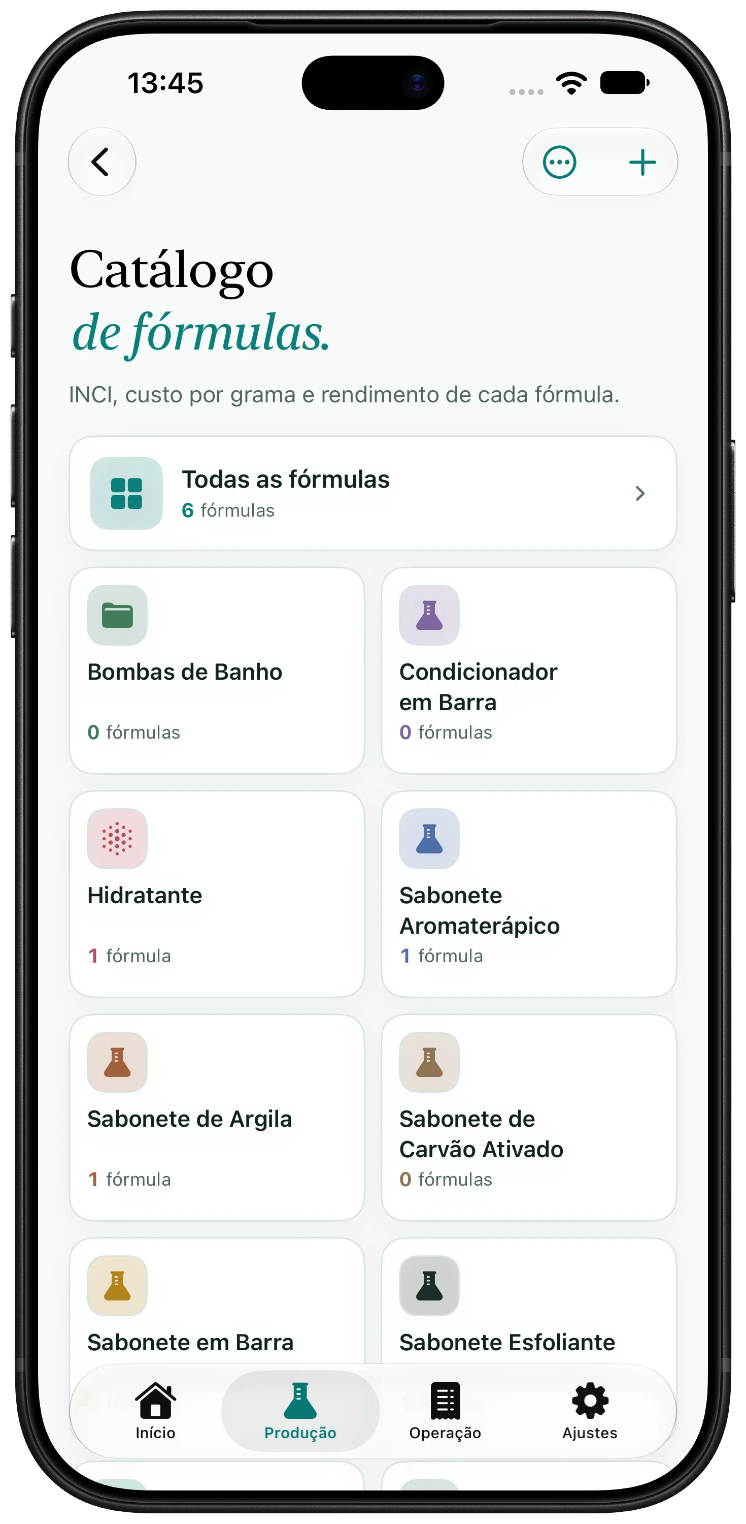 Tela do Artisan View com fórmulas e fichas técnicas de cosméticos