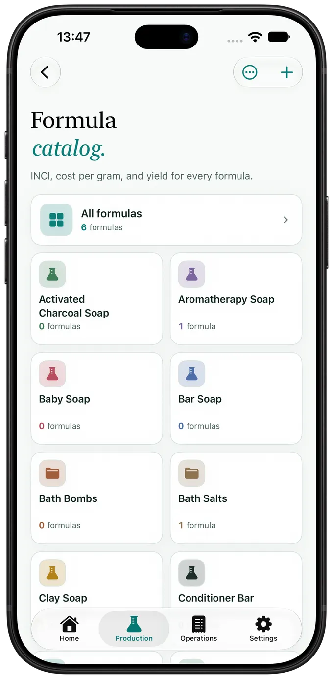 Artisan View formulas screen with soap, moisturizers, and solid shampoos already added