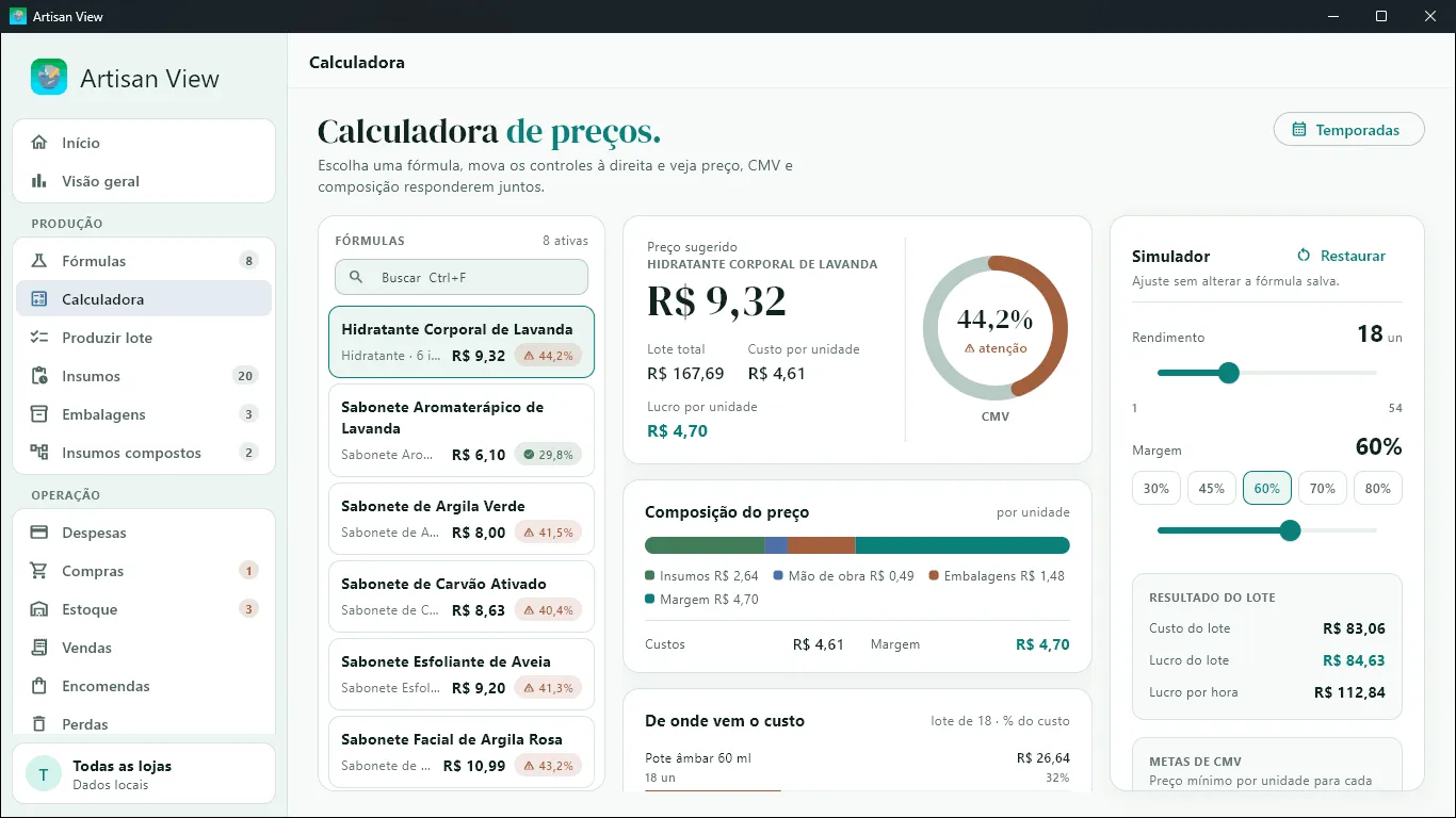 Calculadora de preços do Artisan View no Windows, com CMV e simulador de margem