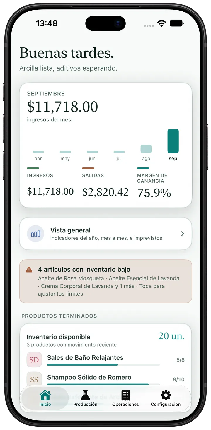 Artisan View en iPhone: inicio con los ingresos del mes, el margen de ganancia y un aviso de inventario bajo