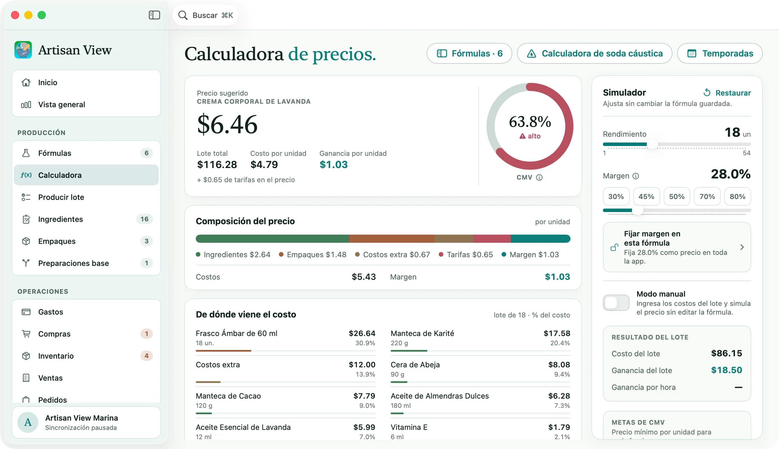 Artisan View en Mac, en español: calculadora de precios con el precio sugerido y la composición del costo