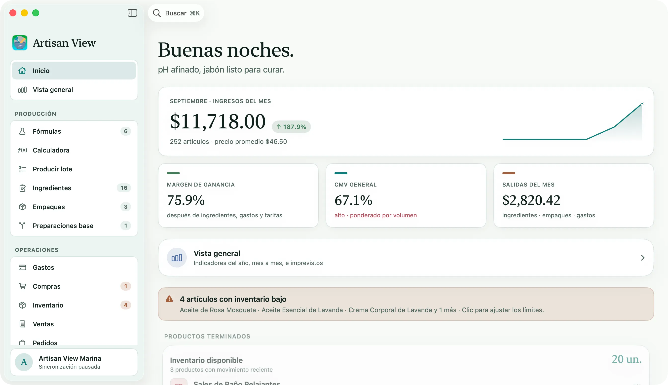 Inicio de Artisan View en Mac, con los ingresos del mes y el margen de ganancia