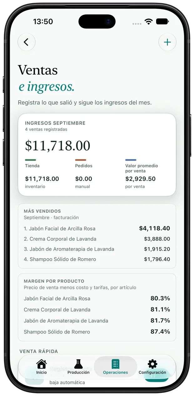 Pantalla de ventas de Artisan View con los ingresos del mes, la venta rápida y el historial de ventas